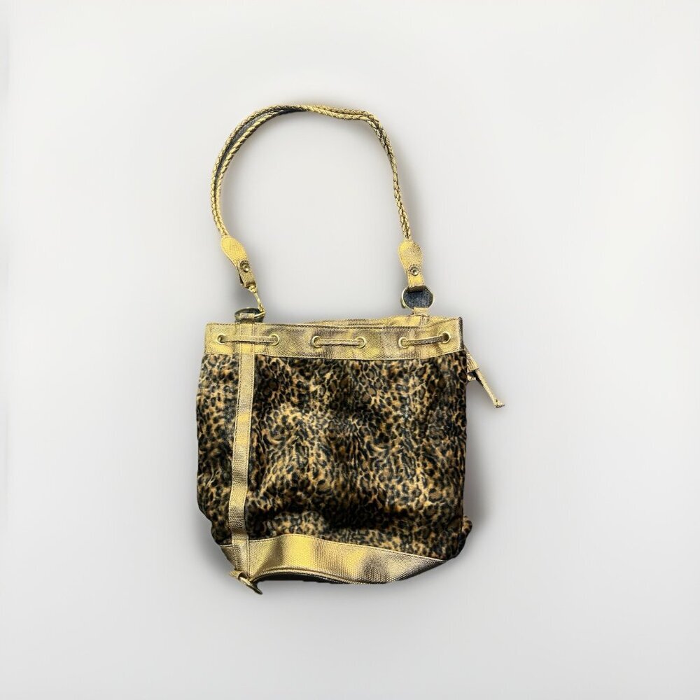 Vintage 90’s Y2K Tianni Cross Body Shoulder Leopard Print Cinch Tote Bag